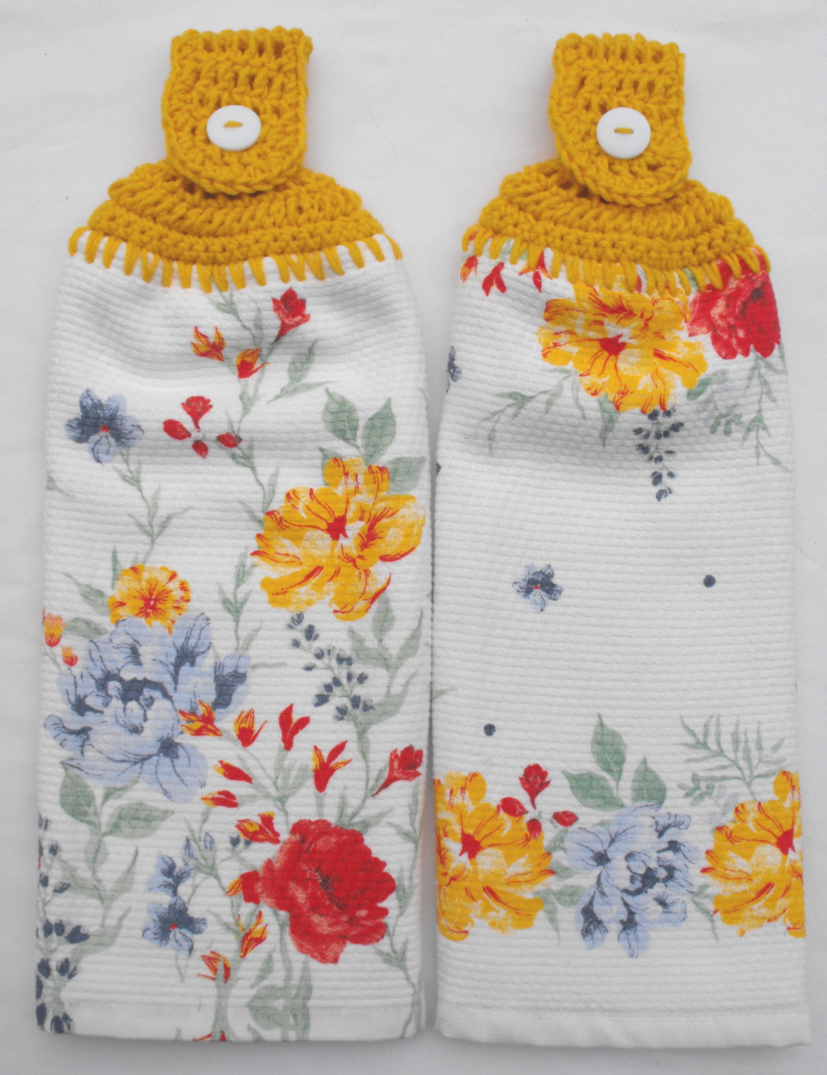 DELILAH YELLOW FLORAL - 2 DOUBLE/FULL HANDMADE CROCHET TOP HANGING KITCHEN TOWELS