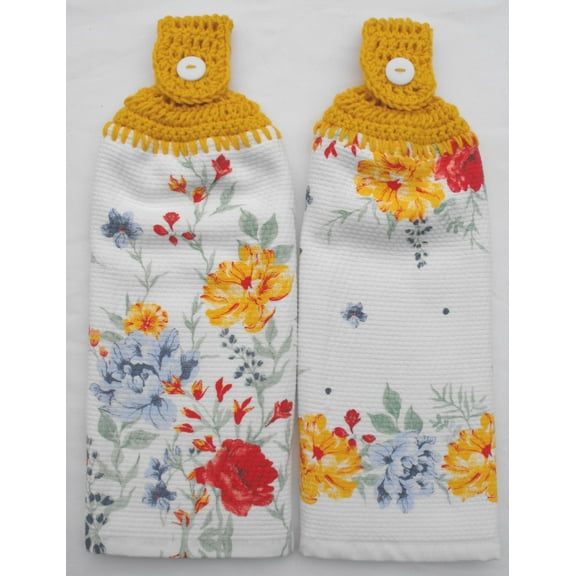 DELILAH YELLOW FLORAL - 2 DOUBLE/FULL HANDMADE CROCHET TOP HANGING KITCHEN TOWELS