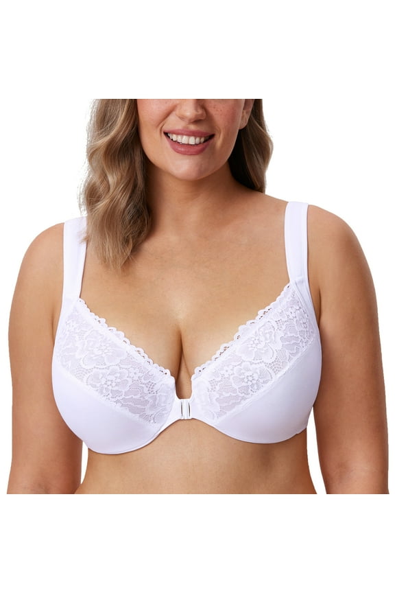 Women's Front Closure Bras Plus Size Full Coverage Underwire Unlined Lace Bra
