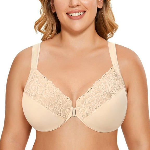 DELIMIRA Women's Front Closure Bras Plus Size Lace Full Coverage Underwire Unlined Bra