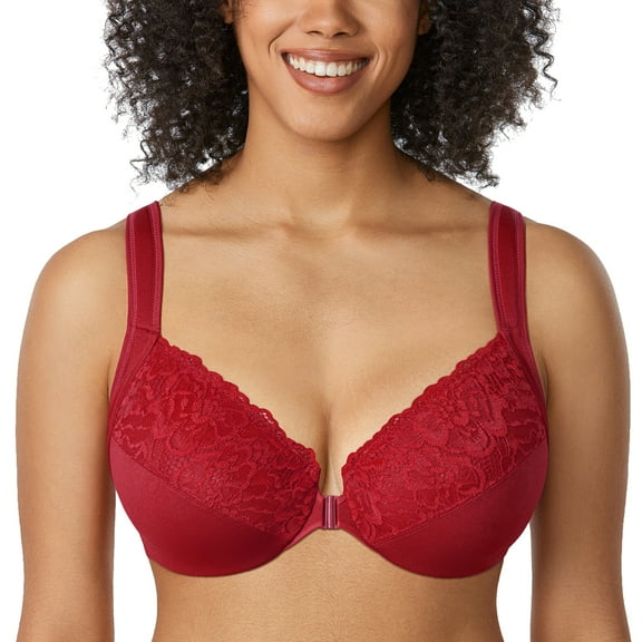 DELIMIRA Women's Front Closure Bras Plus Size Full Coverage Underwire Unlined Lace Bra