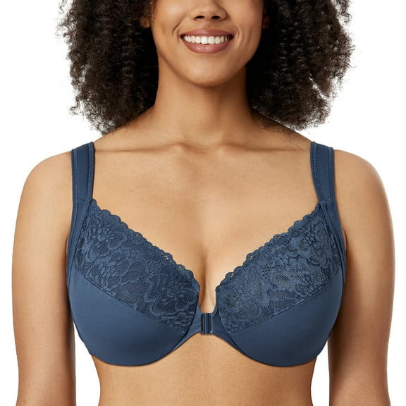 DELIMIRA Women's Front Closure Bras Plus Size Full Coverage Underwire Unlined Lace Bra