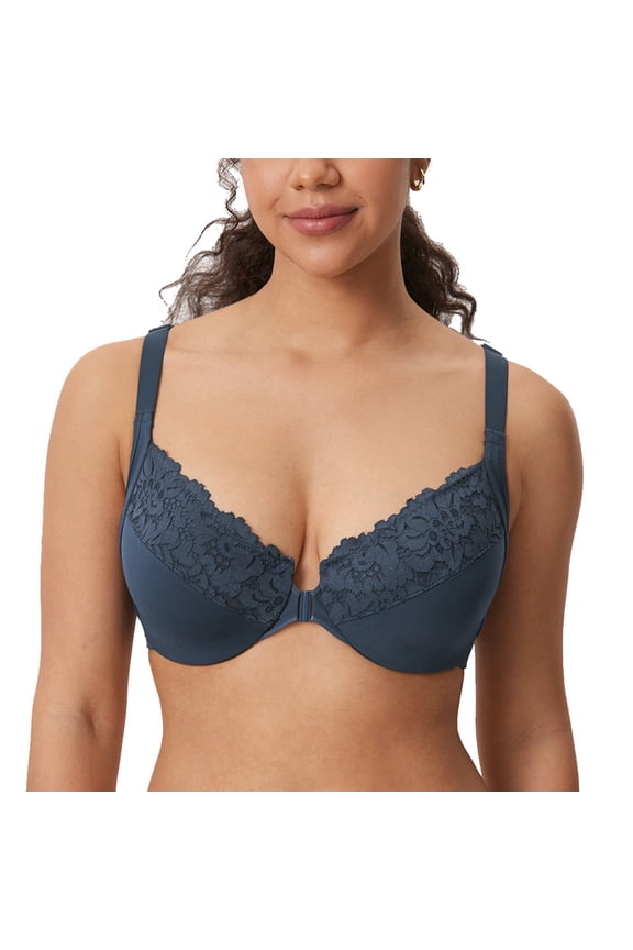 Women's Front Closure Bras Posture Full Coverage Plus Size Lace Underwire Unlined Bra