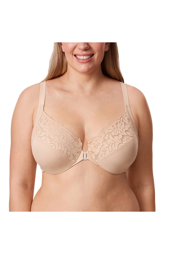 Women's Front Closure Bras Posture Full Coverage Plus Size Lace Underwire Unlined Bra