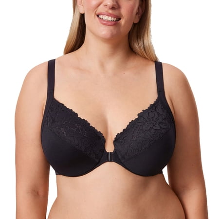 DELIMIRA Women's Front Closure Bras Posture Full Coverage Plus Size Lace Underwire Unlined Bra