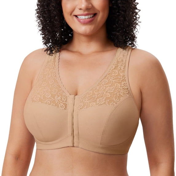 DELIMIRA Women's Front Closure Bras Racerback No Underwire Plus Size Full Coverage Lace Bra
