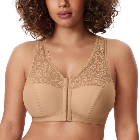 DELIMIRA Women's Front Closure Bras Racerback No Underwire Plus Size Full Coverage Lace Bra