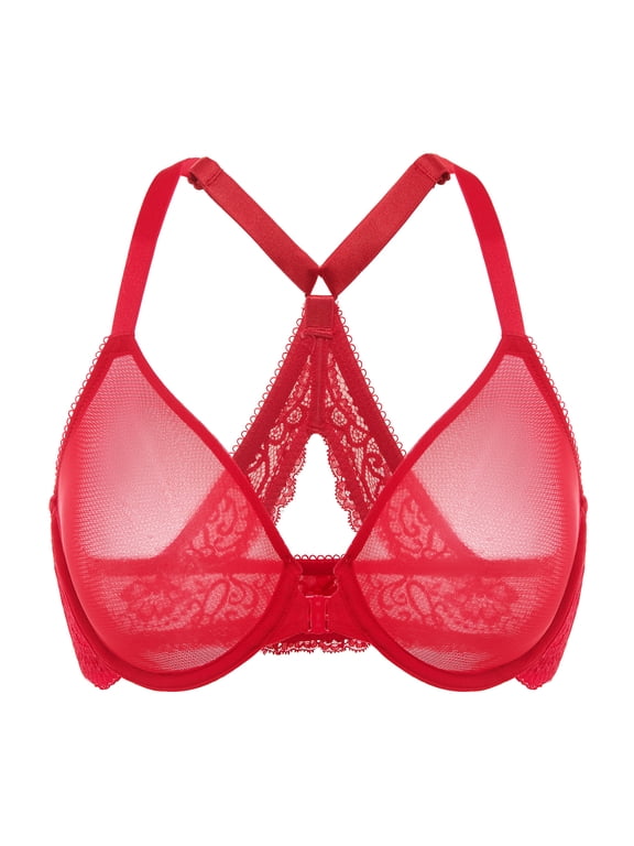 Women's Front Closure Racerback Sheer Bras, Full Coverage, Plus Size, Underwire, Unlined