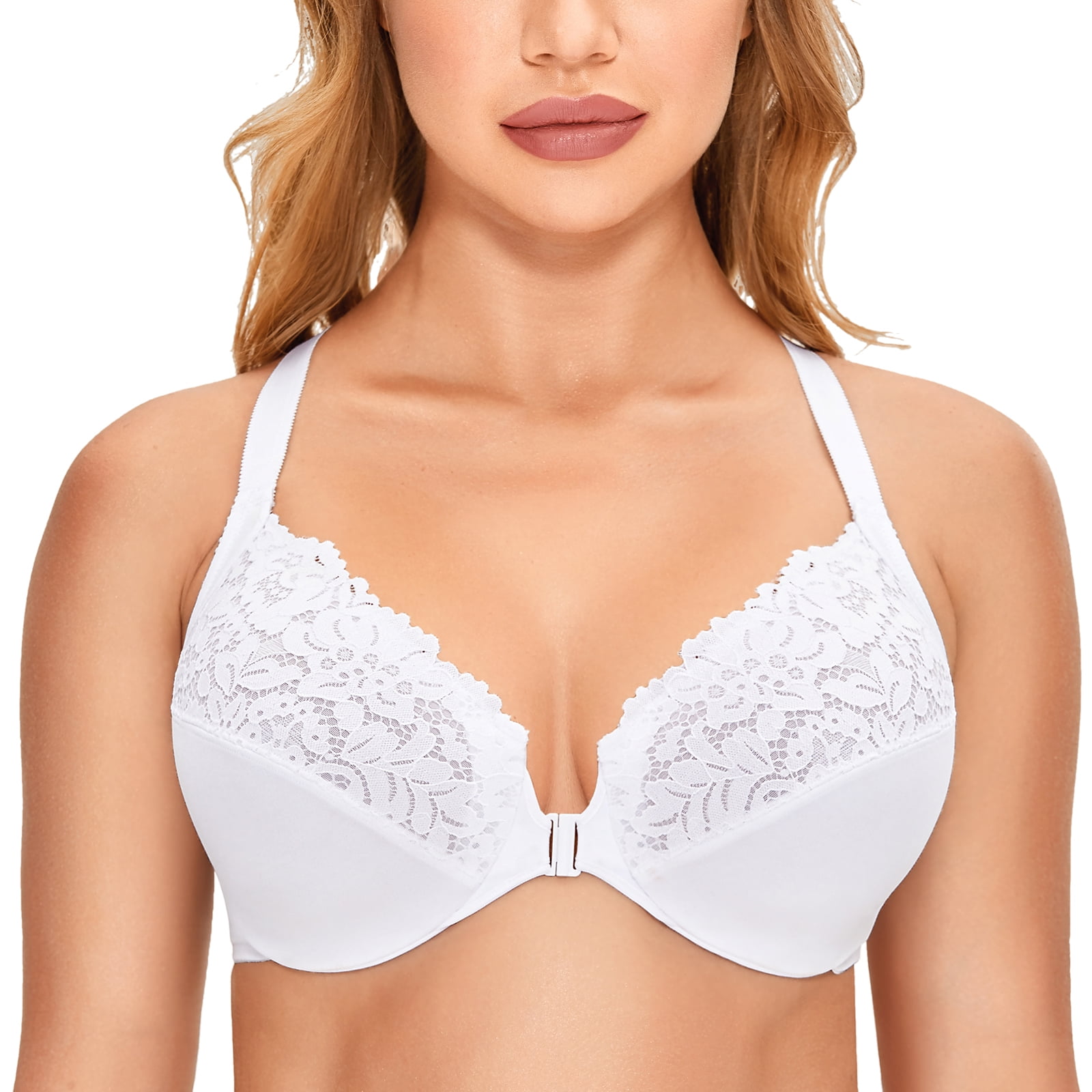 DELIMIRA Women's Front Closure Plus Size Full Coverage Lace Underwire Racerback Bra