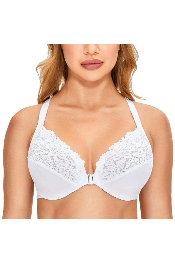Women's Front Closure Plus Size Full Coverage Lace Underwire Racerback Bra