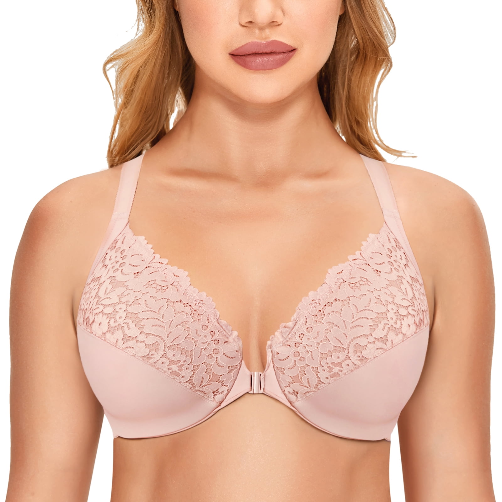 DELIMIRA Women's Front Closure Plus Size Full Coverage Lace Underwire Racerback Bra