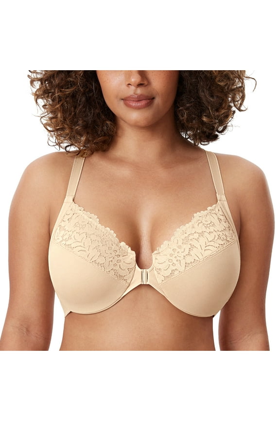 Women's Front Closure Plus Size Full Coverage Lace Underwire Racerback Bra