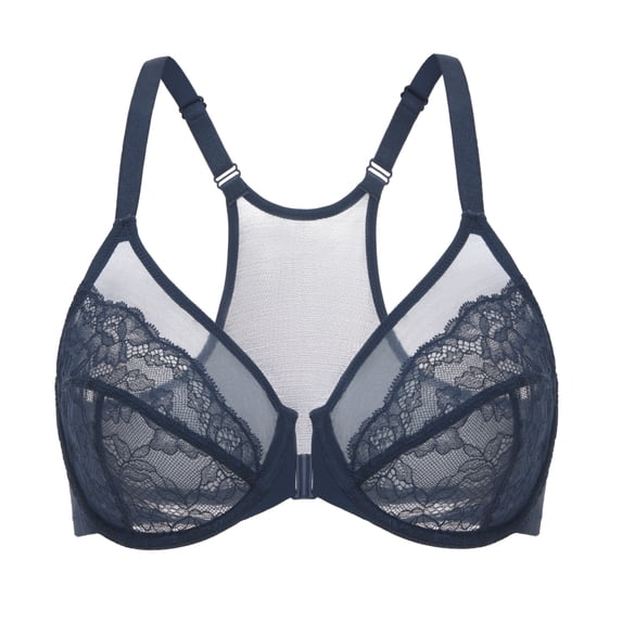 DELIMIRA Women's Front Closure Lace Racerback Plus Size Full Coverage Underwire Unlined Bra