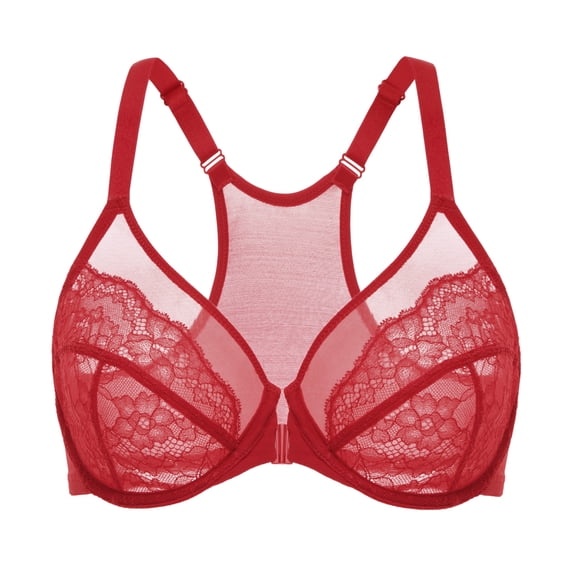 DELIMIRA Women's Front Closure Lace Racerback Plus Size Full Coverage Underwire Unlined Bra