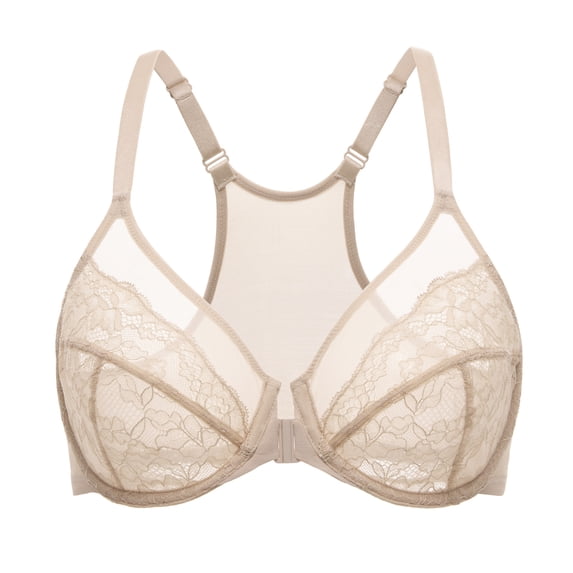 DELIMIRA Women's Front Closure Lace Racerback Plus Size Full Coverage Underwire Unlined Bra