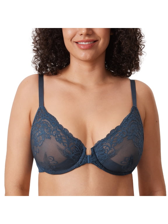 Women's Front Closure Lace Underwire Bras, Unlined, Plus Size, Full Coverage