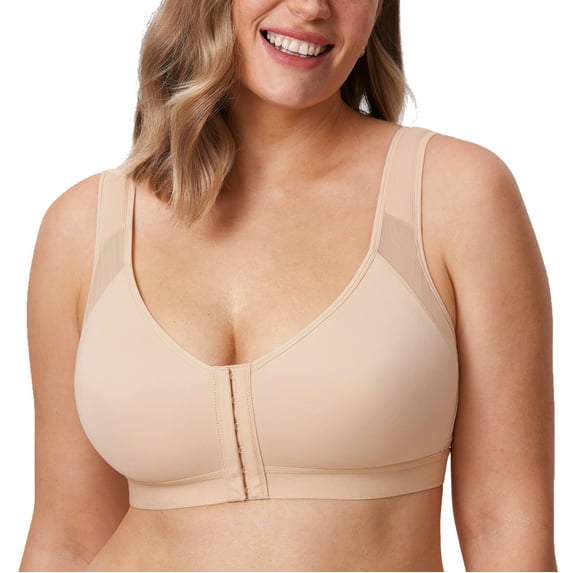 DELIMIRA Women's Front Closure Posture Wireless Back Support Full Coverage Bra Plus Size