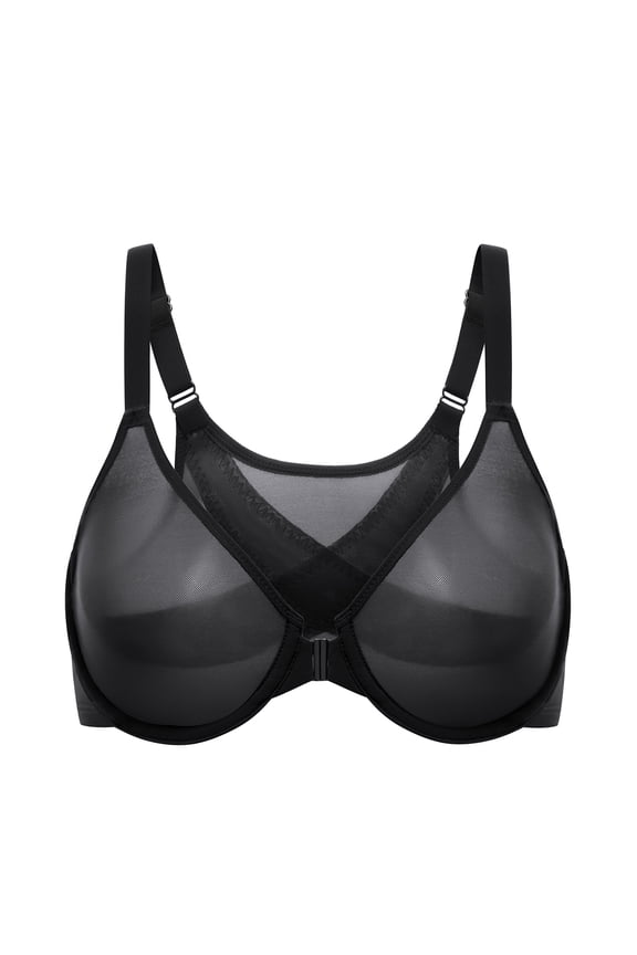Women's Posture Front Closure Bras Sheer Mesh Plus Size Underwire Unlined Bra