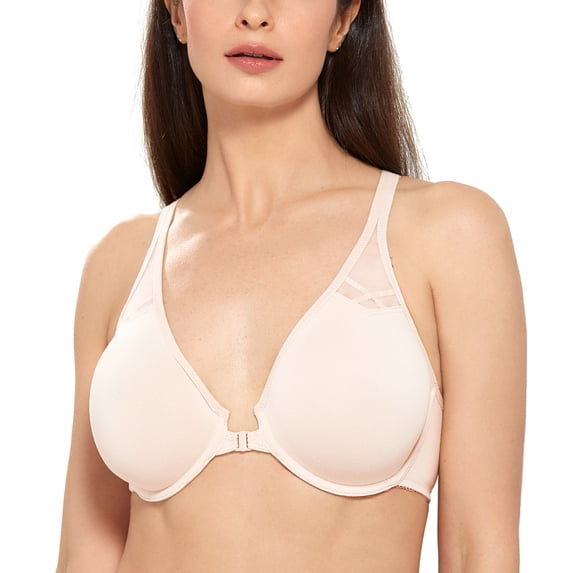 DELIMIRA Women's Front Closure Racerback Bras Plus Size Full Coverage Underwire Unlined Bra