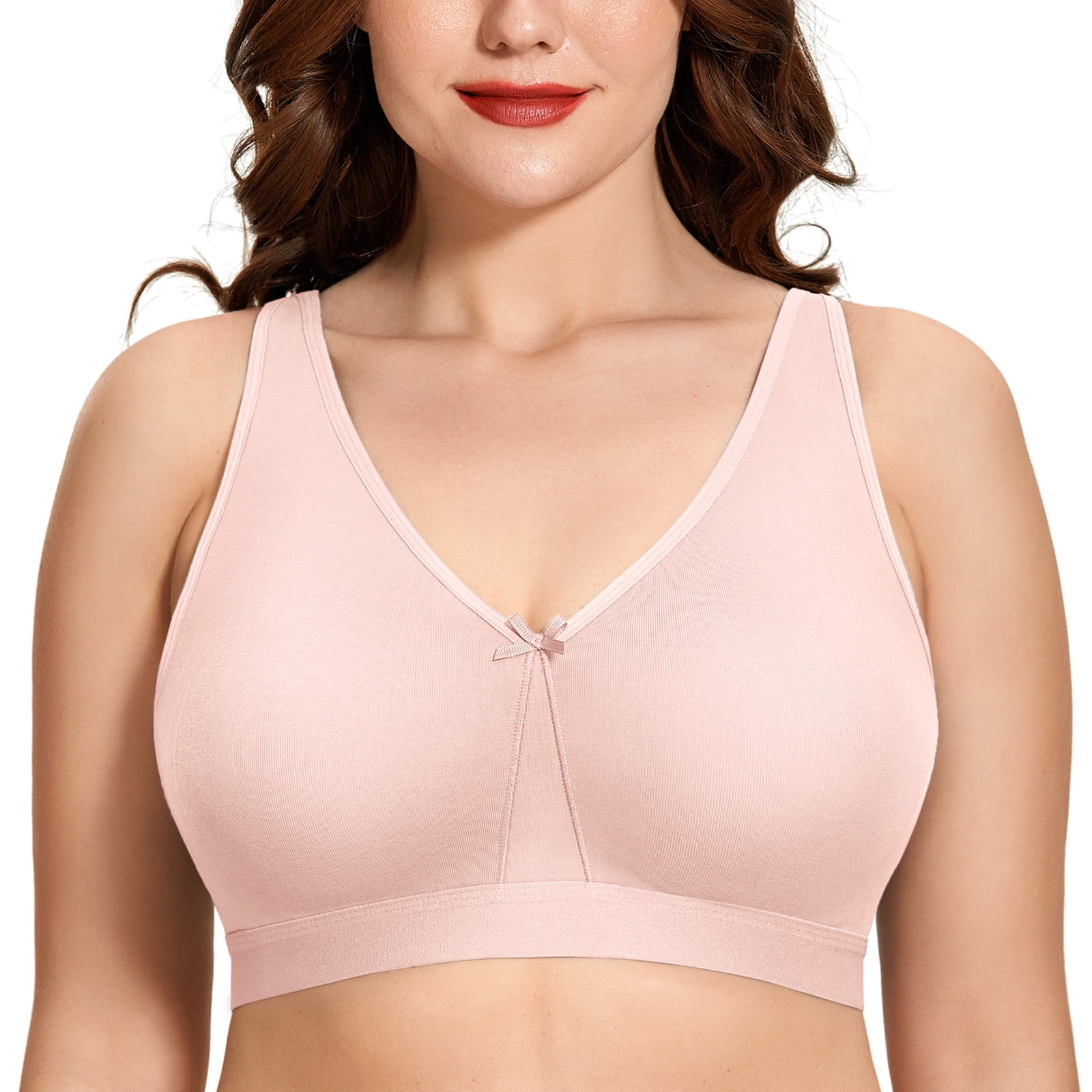 Womens Wireless Plus Size Lace Bra Full Coverage Unlined  Minimizer Bra Comfort Cotton 44DD Pink