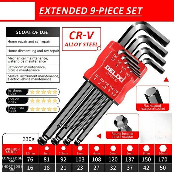 DELIXI ELECTRIC Allen Key Set,Allen Hex Wrench Screwdriver Set With Sleev Universal Torque Long Metric,for Motorcycles, Bicycles