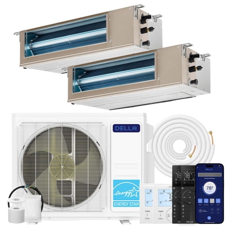 DELLA 17K BTU 2 Zone (11,000+11,000 BTU) Concealed Ducted Mini Split AC, 21 SEER2, Energy Star, 230V Inverter Heat Pump System, Pre-Charged, Work with Alexa and Wifi, 25ft Kit & Thermostat