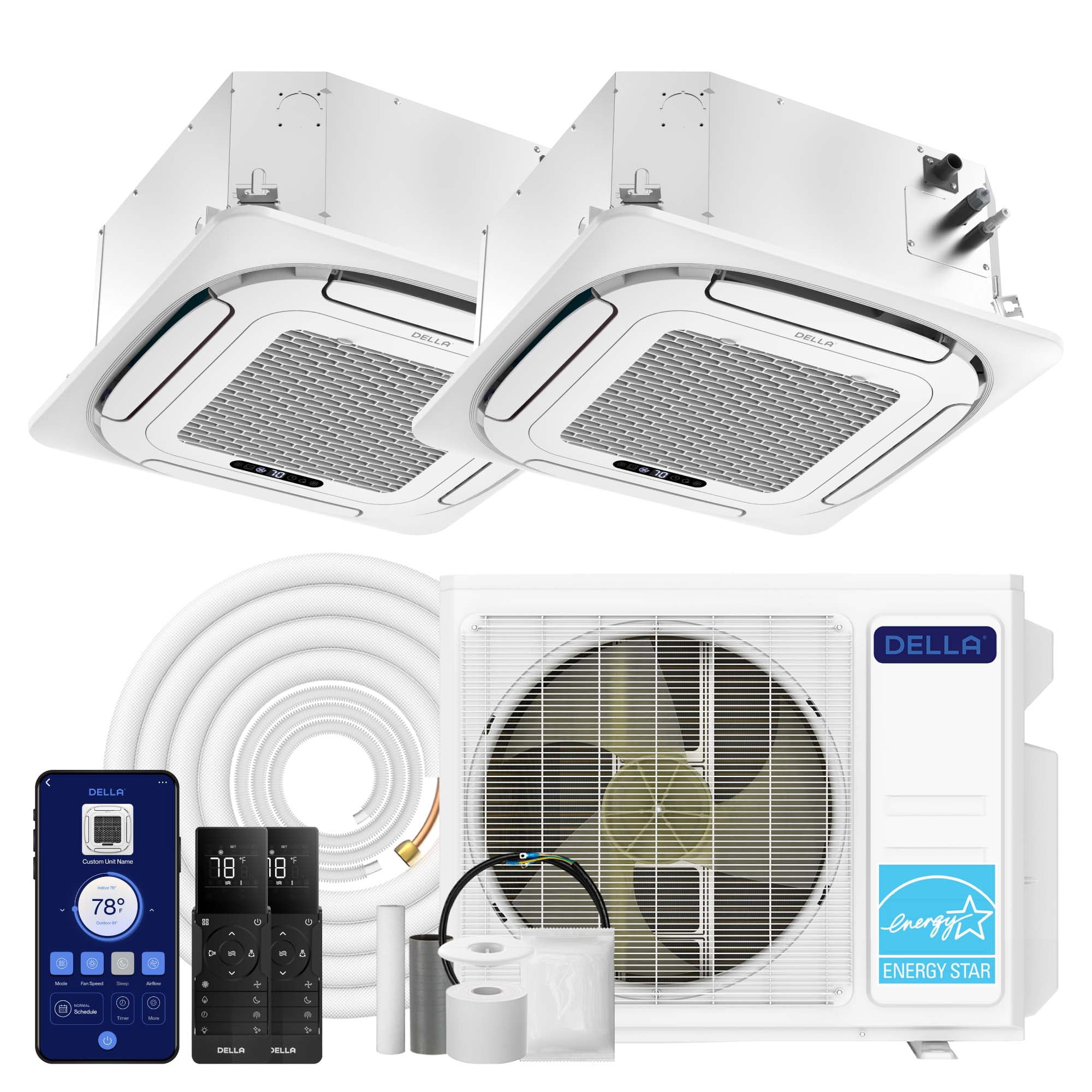 DELLA 18,000 BTU 2 Zone (9K+9K) Ceiling Cassette Mini Split AC, Ultra Heat -13℉, 360° Airflow, Covers 800 Sq.Ft, Energy Star, 24 SEER2, 208-230V, Work with Alexa, Pre-Charged Heat Pump, 25ft Kit