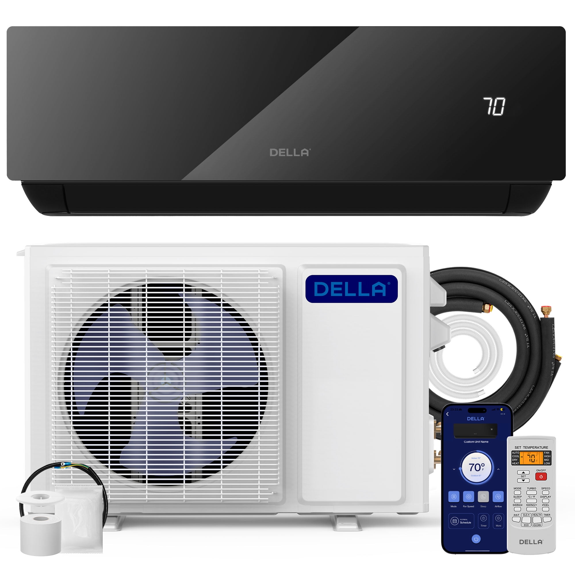 DELLA 18000 BTU Wifi Enabled 19 SEER Cools Up to 650 Sq.Ft 208-230V Energy Efficient Mini Split Air Conditioner & Heater Ductless Inverter System, with 1 Ton Heat Pump (JPB Series)