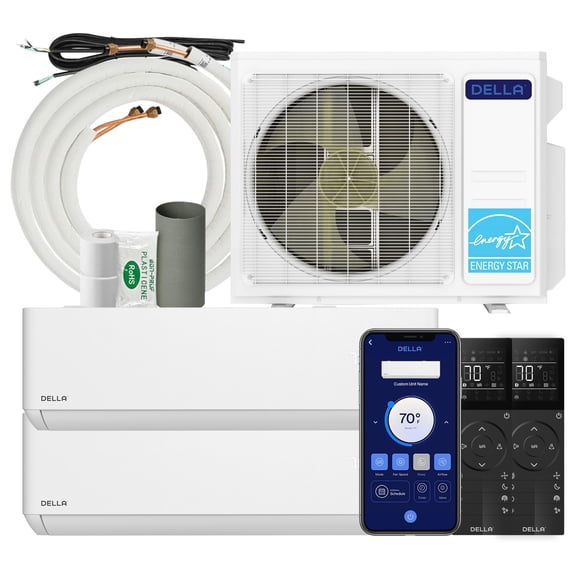 DELLA 18K BTU 2 Zone (2x9K) Mini Split Air Conditioner System, Soft Airflow, Energy Star, 24 SEER2 230V, Up to 800 Sq.Ft, Smart WiFi Alexa, Multi Zone Heat Pump Ductless Inverter AC, 16ft Kits