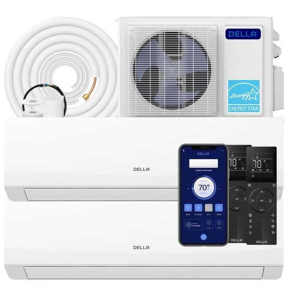 DELLA 18K BTU 2 Zone 7000 9000 BTU Mini Split AC & Heat Pump, Energy Star 22 SEER2 Inverter 230V Ductless AC System for Rooms up to 700 Sq.Ft, WiFi & Voice Control, Pre-Charged,16.4ft Install Kit