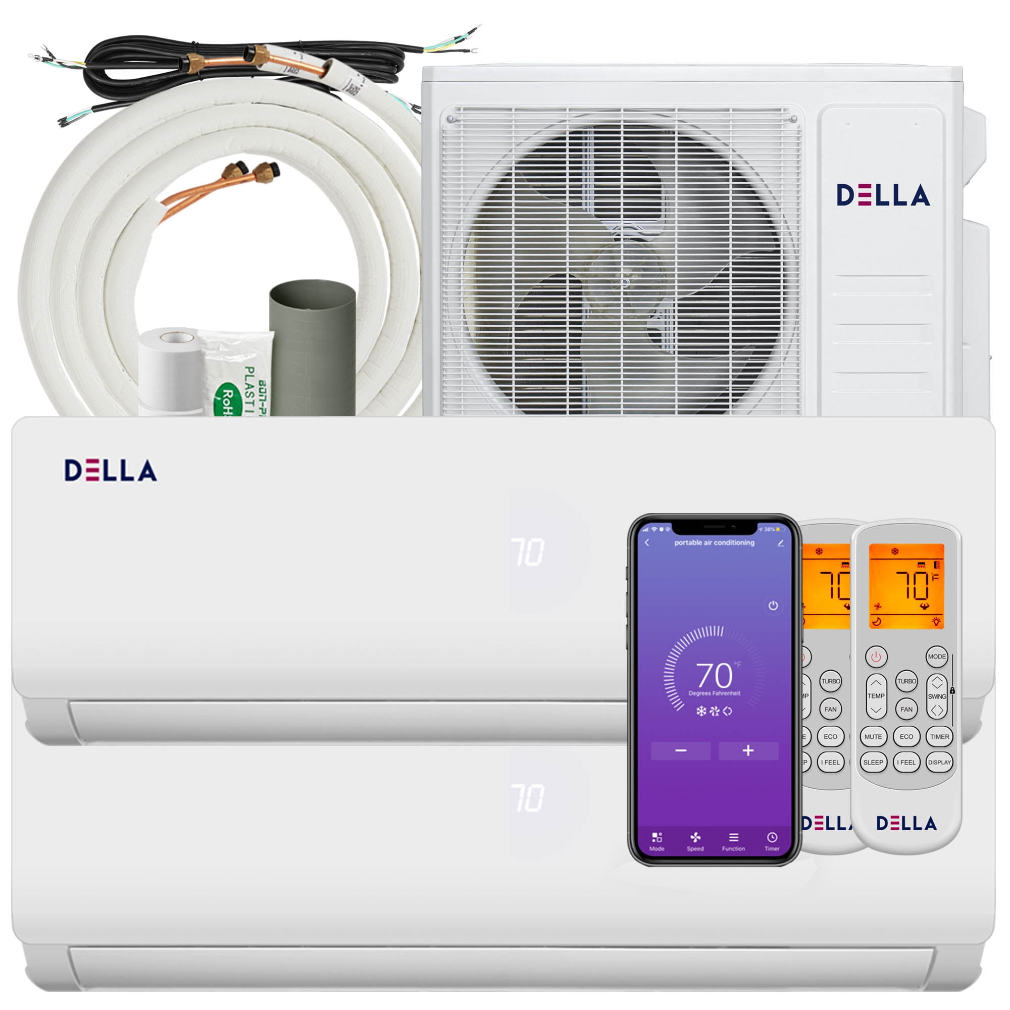 DELLA 18K BTU ODU 2 Zone 12000 12000 BTU 19 SEER 208/230V Cools Up to 1100  Sq.Ft Wifi Energy Efficient Multi Zone Ductless Mini Split Air Conditioner  Heat Pump Full Set with