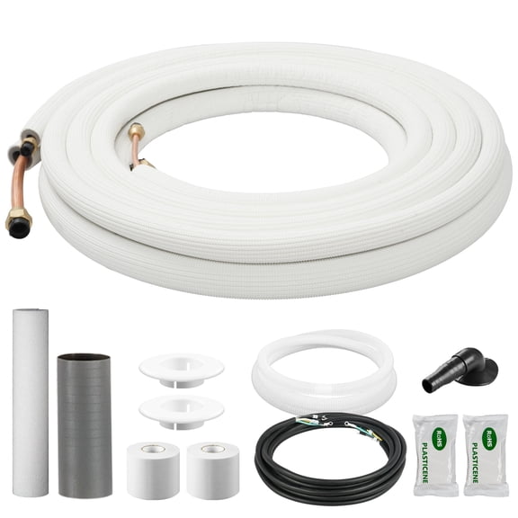 DELLA 25 Ft Mini Split Line Set, Includes 1/4" & 5/8" O.D. copper pipes with flared nuts and a 3/8" thick white PE insulated coil. Perfect for mini split ACs and other HVAC systems