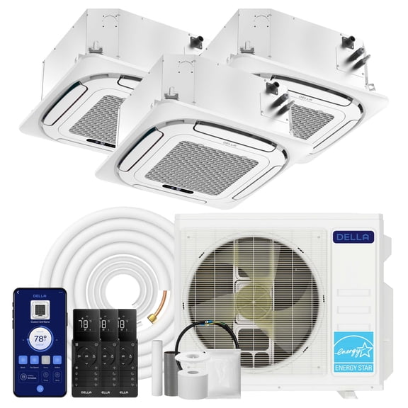 DELLA 27,000 BTU 3 Zone (9K+9K+18K) Ceiling Cassette Mini Split AC, Ultra Heat -13℉, 360° Airflow, Covers 1800 Sq.Ft, Energy Star, 24 SEER2, 208-230V, Work with Alexa, Pre-Charged Heat Pump,25ft Kits