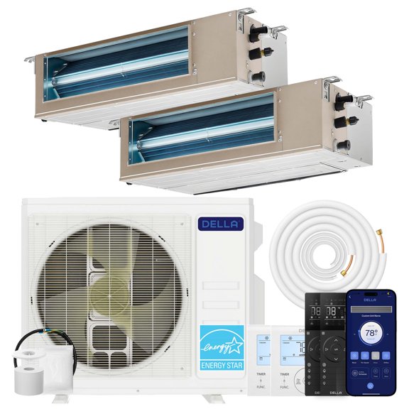 DELLA 27K BTU 2 Zone (17,000+17,000 BTU) Concealed Ducted Mini Split AC, 22 SEER2, Energy Star, 230V Inverter Heat Pump System, Pre-Charged, Work with Alexa and Wifi, 25ft Kit & Thermostat