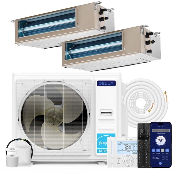 DELLA 27K BTU 2 Zone (2x18K BTU) Concealed Ducted Mini Split AC, 22 SEER2