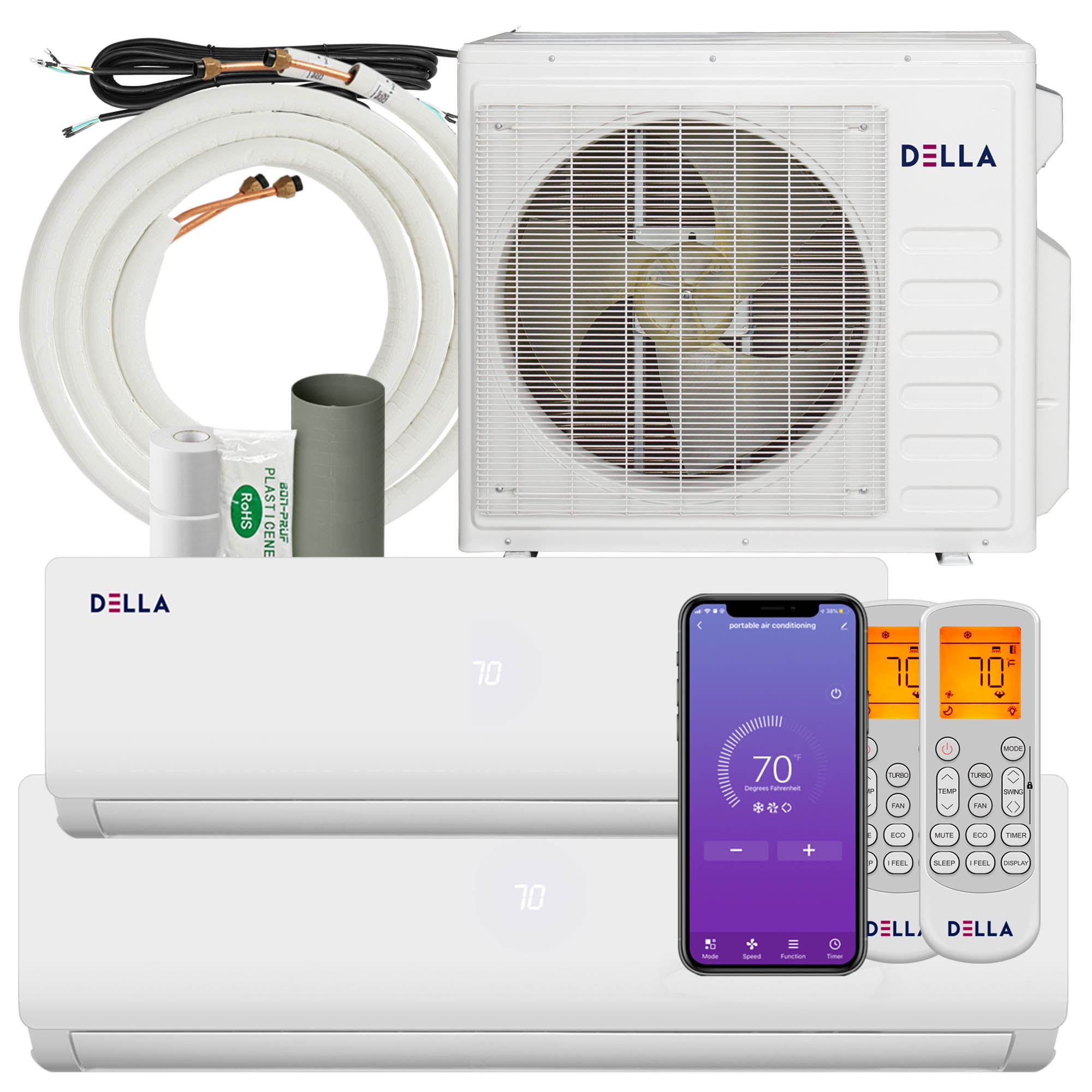 DELLA 27K BTU ODU 2 Zone 9000 18000 BTU 19 SEER 208/230V Cools Up to 1400 Sq .Ft Wifi Energy Efficient Multi Zone Ductless Mini Split Air Conditioner  Heat Pump Full Set with