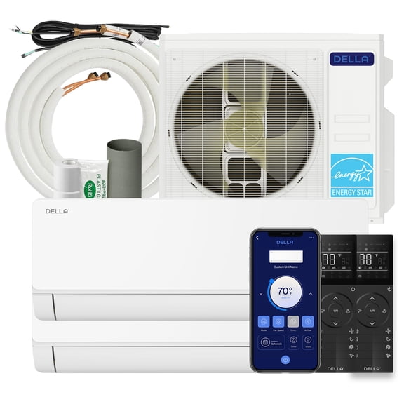 DELLA 28,000 BTU 2 Zone (2x18K) Mini Split Air Conditioner System, 22 SEER2 208-230V, Cools Up to 2000 Sq.Ft, Energy Efficient, Works with Alexa & WiFi, Pre-Charged, Inverter Heat Pump, 16ft Kits