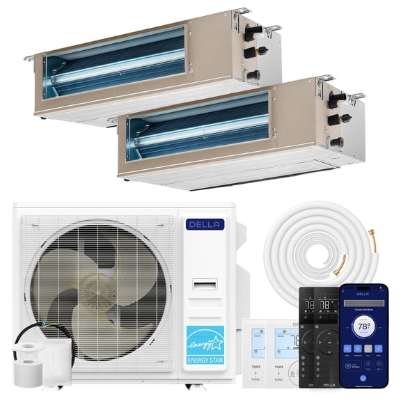 DELLA 34K BTU 2 Zone (11,000+17,000 BTU) Concealed Ducted Mini Split AC, 20 SEER2, Energy Star, 230V Inverter Heat Pump System, Pre-Charged, Work with Alexa and Wifi, 25ft Kit & Thermostat