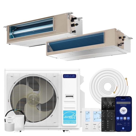 DELLA 34K BTU 2 Zone (9,500+22,000 BTU) Concealed Ducted Mini Split AC, 20 SEER2, Energy Star, 230V Inverter Heat Pump System, Pre-Charged, Work with Alexa and Wifi, 25ft Kit & Thermostat