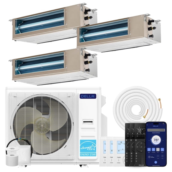 DELLA 34K BTU 3 Zone (9,500+9,500+17,000 BTU) Concealed Ducted Mini Split AC, 20 SEER2, Energy Star, 230V Inverter Heat Pump System, Pre-Charged, Work with Alexa and Wifi, 25ft Kit & Thermostat