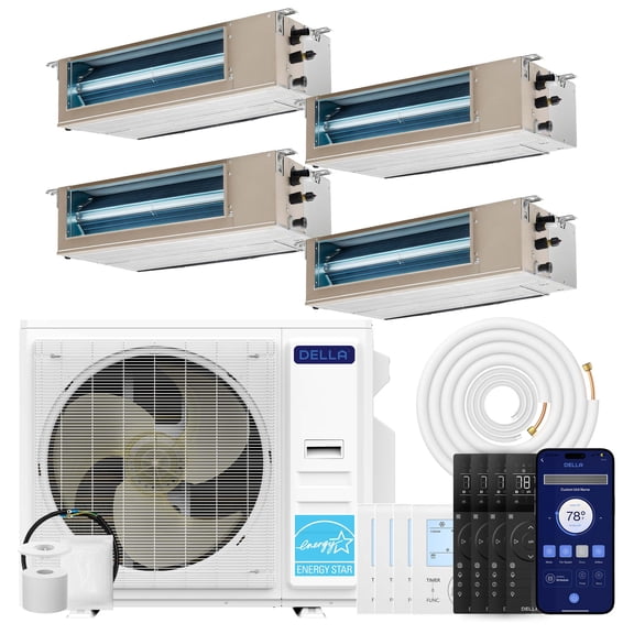 DELLA 34K BTU 4 Zone (9,500+9,500+9,500+17,000 BTU) Concealed Ducted Mini Split AC, 20 SEER2, Energy Star, 230V Inverter Heat Pump System, Pre-Charged, Work with Alexa and Wifi, 25ft Kit & Thermostat
