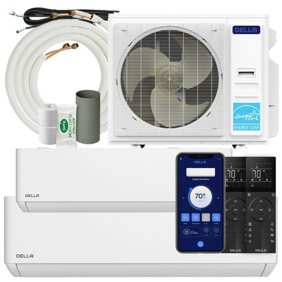 DELLA 35K BTU ODU 2 Zone 18000 23000 BTU 22.5 SEER2 208-230V Cools Up to 2500Sq.Ft Wifi Energy Saving Multi Zone Ductless Pre-Charged Mini Split AC & Heat Pump Work with Alexa, 16ft Installation Kits