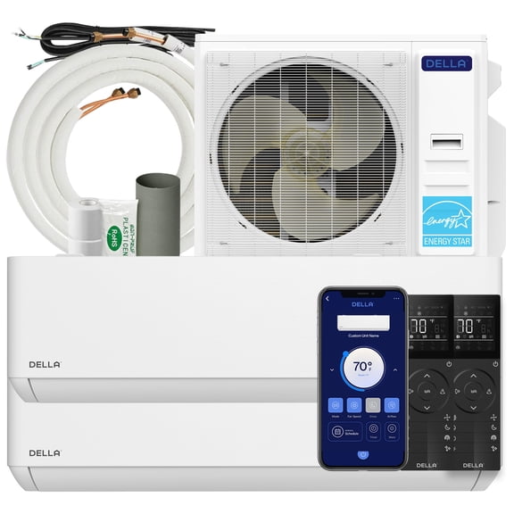 DELLA 36K BTU 2-Zone (2x18K) Soft Airflow Mini Split AC, -22℉ Ultra Hyper Heat, 25 SEER2 Energy Star, Up to 2000 Sq.Ft, Smart WiFi Alexa, Multi Zone Ductless Inverter Heat Pump, 230V, 16ft Kits