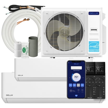 DELLA 36K BTU 2-Zone (9K+18K) Soft Airflow Mini Split AC, -22? Ultra Hyper Heat, 25 SEER2 Energy Star, Up to 1400 Sq.Ft, Smart WiFi Alexa, Multi Zone Ductless Inverter Heat Pump, 230V, 16ft Kits