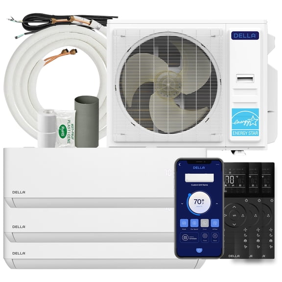 DELLA 36K BTU 3-Zone (3x9K) Soft Airflow Mini Split AC, -22℉ Ultra Hyper Heat, 25 SEER2 Energy Star, Up to 1200 Sq.Ft, Smart WiFi Alexa, Multi Zone Ductless Inverter Heat Pump, 230V, 16ft Kits