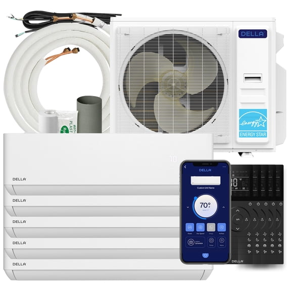 DELLA 36K BTU 5-Zone (5x6K) Soft Airflow Mini Split AC, -22℉ Ultra Hyper Heat, 25 SEER2 Energy Star, Up to 1500 Sq.Ft, Smart WiFi Alexa, Multi Zone Ductless Inverter Heat Pump, 230V, 16ft Kits
