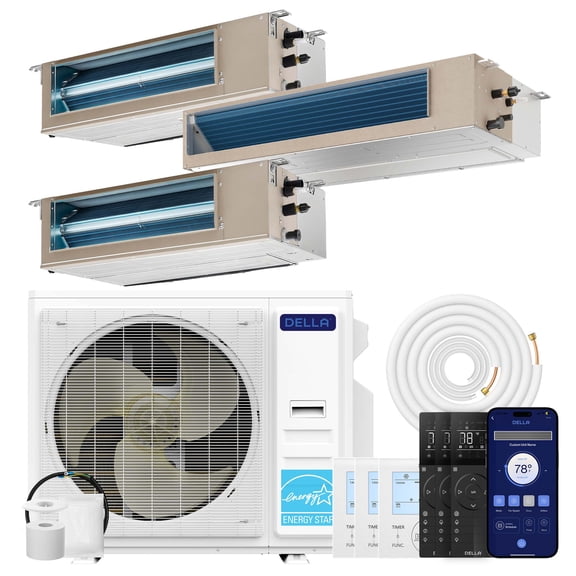 DELLA 41K BTU 3 Zone (11,000+11,000+22,000 BTU) Concealed Ducted Mini Split AC, 20 SEER2, Energy Star, 230V Inverter Heat Pump System, Pre-Charged, Work with Alexa and Wifi, 25ft Kit & Thermostat