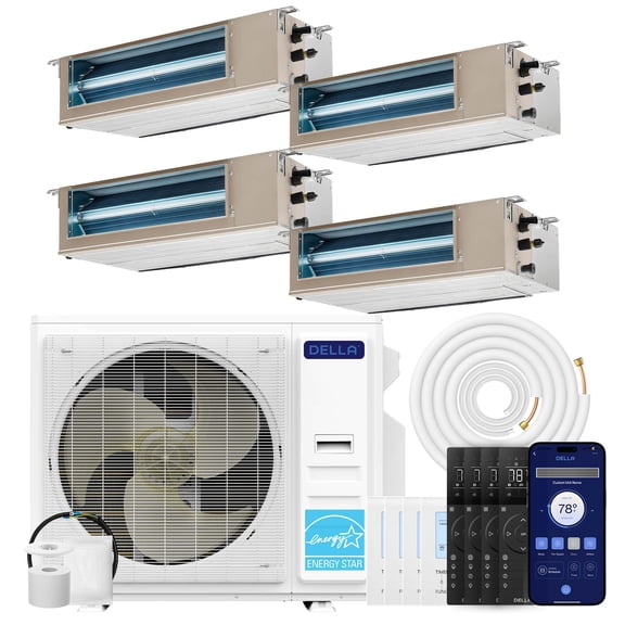 DELLA 41K BTU 4 Zone (9,500+11,000+11,000+11,000 BTU) Concealed Ducted Mini Split AC, 20 SEER2, Energy Star, 230V Inverter Heat Pump System, Pre-Charged,Work with Alexa and Wifi,25ft Kit & Thermostat