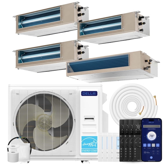 DELLA 41K BTU 4 Zone (9,500+9,500+9,500+22,000 BTU) Concealed Ducted Mini Split AC, 20 SEER2, Energy Star, 230V Inverter Heat Pump System, Pre-Charged, Work with Alexa and Wifi, 25ft Kit & Thermostat