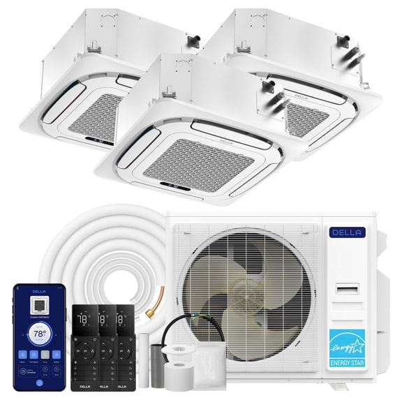 DELLA 42,000 BTU 3 Zone (9K+23K+23K) Ceiling Cassette Mini Split AC, Ultra Heat -13℉, 360° Airflow, Covers 1160 Sq.Ft, Energy Star, 22 SEER2 208-230V, Work with Alexa, Pre-Charged Heat Pump, 25ft Kit